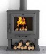 Estufa de leña FM CH‑0 frontal con leñero 11 kW + Kit completo de instalación