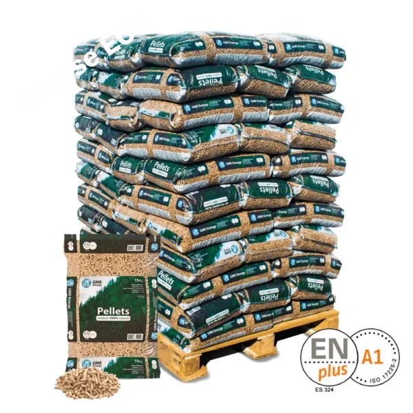 GME WoodPellet – Palet de 77 sacos de pellet 15 kg (1.155 kg) – EN‑Plus A1