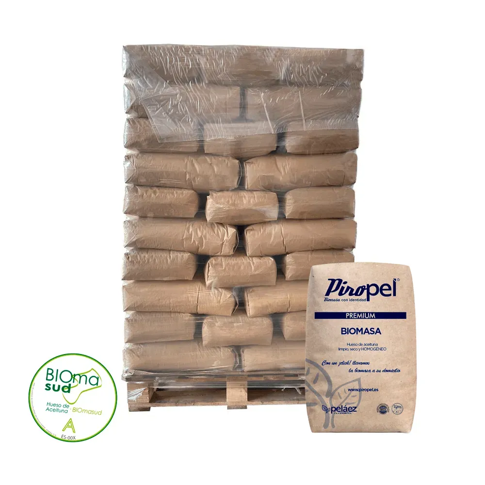 hueso de aceituna certificado premium piropel 70 sacos de 15kg Hueso de aceituna certificado PREMIUM Piropel – Palet 70 sacos de 15 kg (1.050 kg) – Biomasud A1 - Imagen 1