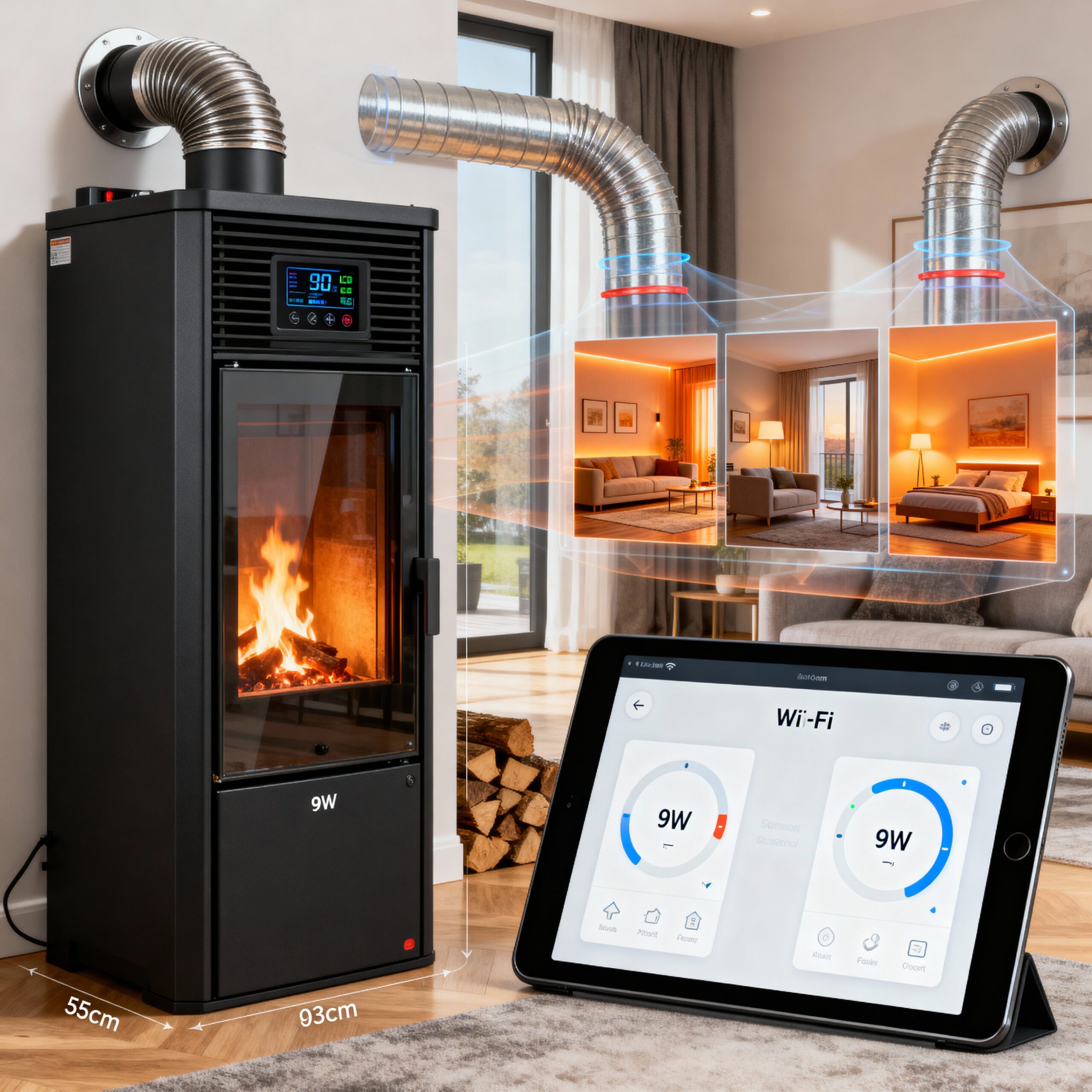 Estufa de pellets canalizable para tres estancias — 9 kW