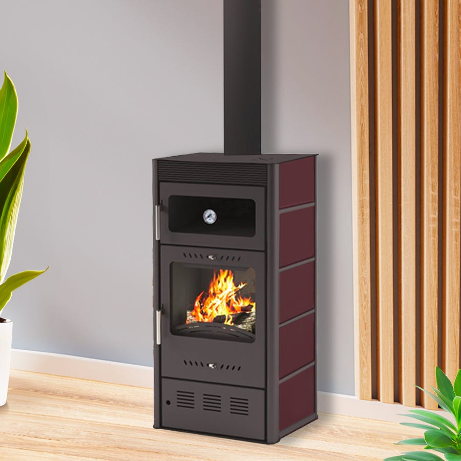 Estufa de leña Moderna Oven Luxe roja con horno — 7